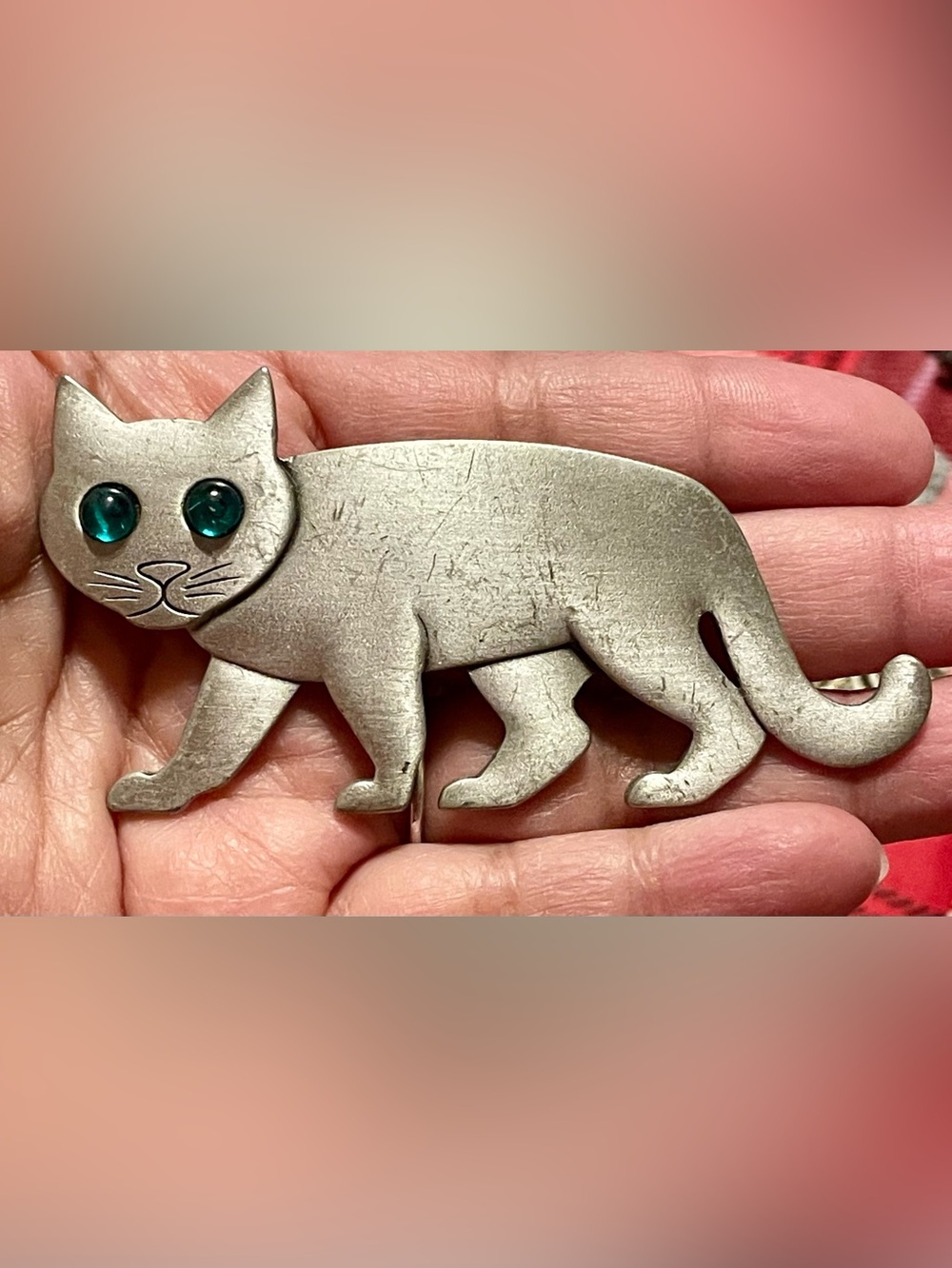 Vintage Silver-Tone Cat Brooch with Blue Green Eyes
